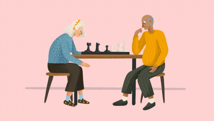 Ilustración de una pareja de ancianos jugando al ajedrez