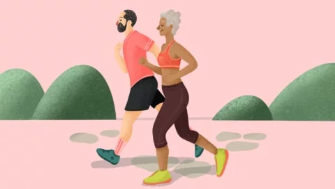 Ilustración de una pareja adulta corriendo al aire libre