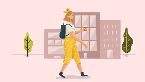 Ilustración de una mujer en su primer día de trabajo tras las vacaciones de verano