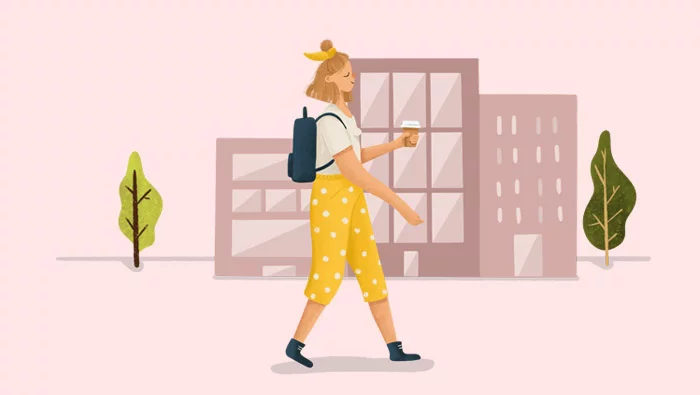 Ilustración de una mujer en su primer día de trabajo tras las vacaciones de verano