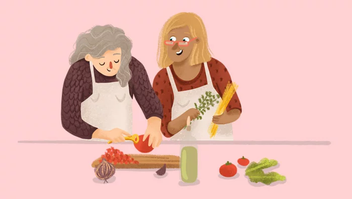 Ilustración de dos mujeres cocinando juntas y siguiendo una dieta equilibrada