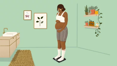 Ilustración de una mujer embarazada pesándose