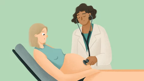 Ilustración mujer embarazada en la consulta médica