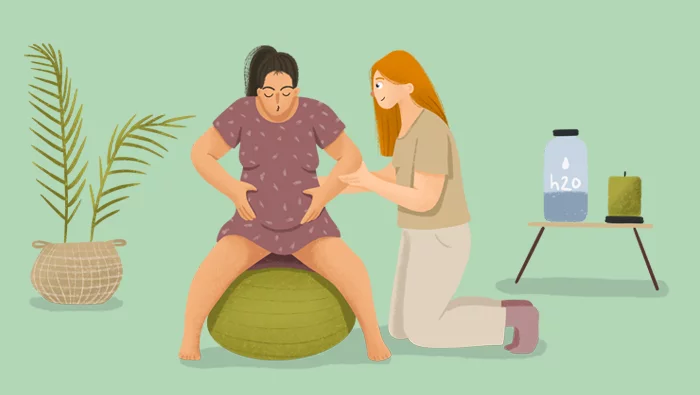 Ilustración de una doula ayudando a una embarazada